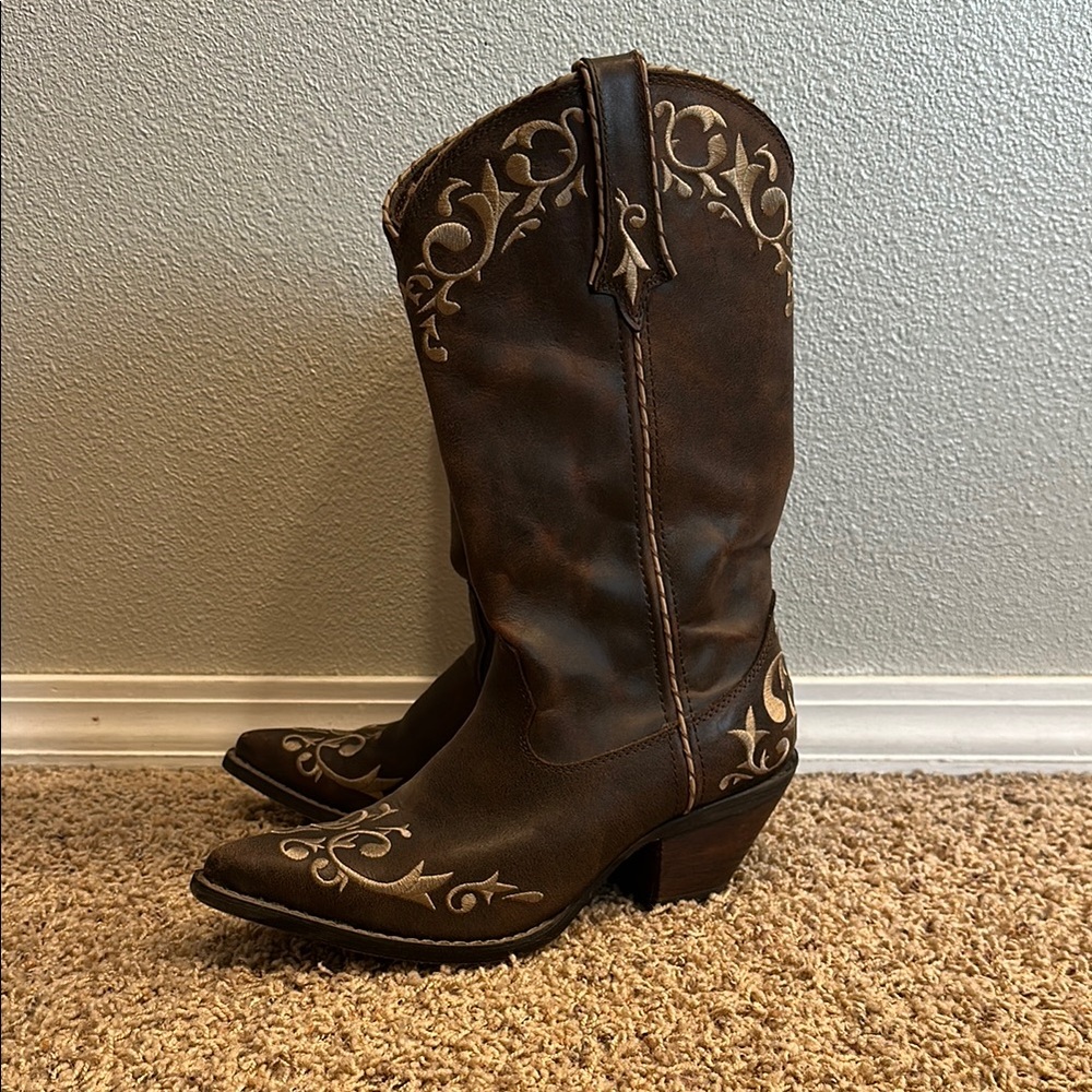 Brown Western Cowboy Boots with Embroidery Durango 7.5